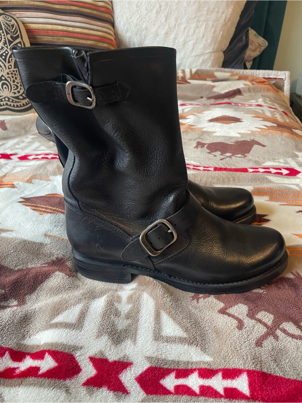 Frye Black Leather Engineer Ankle Boots